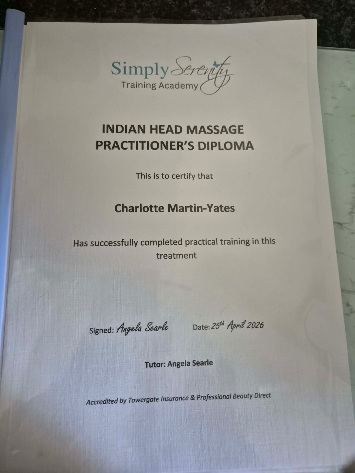 Indian Head Massage Practitioner's Diploma awarded to Charlotte Martin-Yates